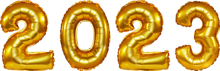 isolated golden letter foil balloons writing 2023 with composit shot.