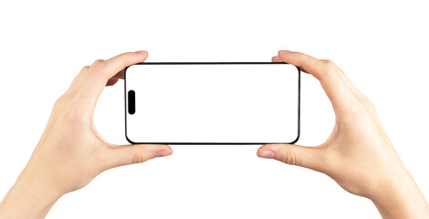 Poster - I-phone 14 pro screen mockup in horizontal orientation for video watch, smart phone display template for application ad, advertisement, promotion.