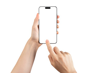 Poster - I-phone screen mock up with finger pointing, clicking on smartphone display of new iphone 14 pro isolated on white background. Template for app. Smartphone mockup.
