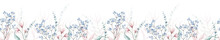 Watercolor Painted Floral Seamless Border. Pink And Blue Wild Flowers, Branches, Leaves And Twigs. Cut Out Hand Drawn PNG Illustration On Transparent Background. Watercolour Clipart Drawing.