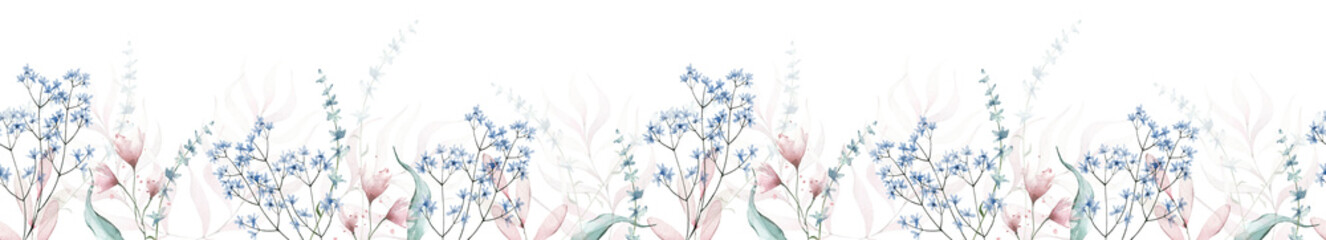 Wall Mural - Watercolor painted floral seamless border. Pink and blue wild flowers, branches, leaves and twigs. Cut out hand drawn PNG illustration on transparent background. Watercolour clipart drawing.