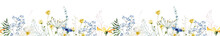 Watercolor Painted Floral Seamless Border. Green And Yellow Wild Flowers, Branches, Leaves And Twigs. Cut Out Hand Drawn PNG Illustration On Transparent Background. Watercolour Clipart Drawing.