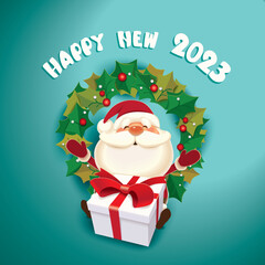 Wall Mural - Santa Claus with a gift box and Christmas wreath, Happy New Year 2023 celebrate concept