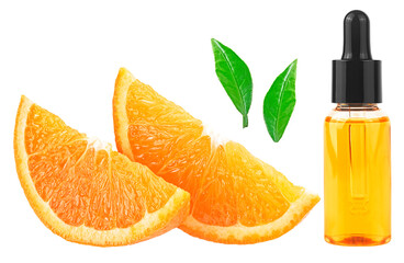 Wall Mural - Orange slices, leaves of orange fruit and orange essential oil isolated on a white background. Vitamin C serum in cosmetic bottle. Organic SPA cosmetics.