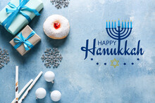 Greeting Card With Sufganiya For Hanukkah, Gifts And Christmas Decor