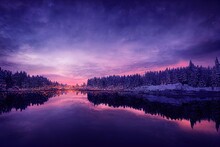 Winter Scene Showing A Mighty River During The Sunrise Or Sunset With Snow On The Ground In The Background, Generative Ai