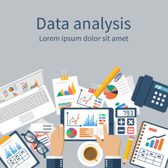 Wall Mural - Tablet in hands businessman, statistical datawith charts and diagrams. Workplace documents for financial analysis, statistics, reporting, strategy development. Vector, flat design. Statistics concept