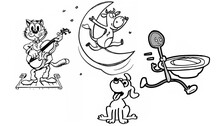 Cat With A Fiddle, Cow Jumped Over The Moon, Little Dog Laughed, Dish Ran Away With The Spoon. Black And White Cartoon Drawing.