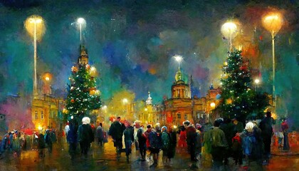 Wall Mural - Christmas themed scene in the city, brilliant colors,  night lights, illustrative, greeting card design 