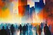 A crowd of people standing on the street of the modern city with  skyscrapers. Watercolor illustration