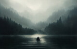 Fototapeta Las - A painting of a lonely boat floating on a dark foggy lake surrounded by forest