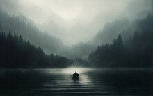 A Painting Of A Lonely Boat Floating On A Dark Foggy Lake Surrounded By Forest
