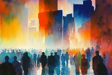 A crowd of people standing on the street of the modern city with  skyscrapers. Watercolor illustration