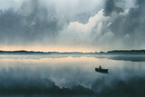 Fototapeta Las - Watercolor painting of a lake with a lonely man in a boat