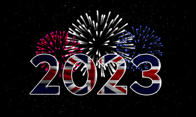 Sticker - Happy New Year 2023 Great Britain. 2023 New Years background with national flag of United Kingdom and fireworks.