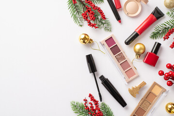 Wall Mural - Christmas shopping concept. Top view photo of decorative cosmetics lip gloss nail polish mascara eyeshadow palettes golden baubles pine branches mistletoe on isolated white background with copyspace