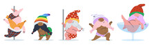 Cheerful Gnomes Are Dancing. Dancing At The Pole In The Linen Of Little Leprechauns. Collection Of Cool Gnomes Adult Party. Flat Vector Illustration, Eps10