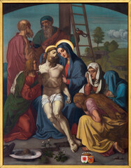 Wall Mural - LUZERN, SWITZERLAND - JUNY 24, 2022: The painting of Deposition (Pieta) as part of Cross way stations in the church Franziskanerkirche from 19. cent.