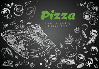 Wall Mural - Hand drawn pizza line banner. Engraved style chalk doodle background. Savoury pizza ads. Tasty vector banner for cafe, restaurant or food delivery service