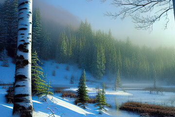 Wall Mural - beautiful light, winter landscapes in forest on the river. Background illustration, digital matte painting