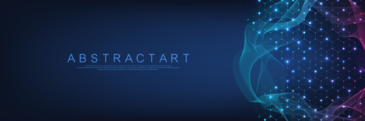 Technology abstract lines and dots connect background with hexagons. Hexagons connection digital data and big data concept. Hex digital data visualization. Vector illustration