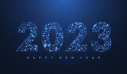 Fototapete - Modern futuristic technology template for Merry Christmas and Happy New Year 2023 with connected lines and dots. Plexus geometric effect. Global network connection. Vector illustration.