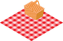 Picnic Equipment Icon Isometric Vector. Plaid Blanket And Wicker Picnic Basket. Outdoor Recreation Concept
