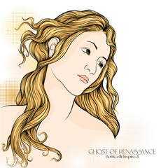 Sticker - Portrait of a woman inspired by a painting by Renaissance artist Botticelli Spring. Outline hand drawing vector illustration.