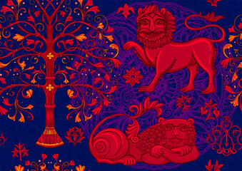 Wall Mural - Byzantine traditional historical motifs of animals, birds, flowers and plants. Seamless pattern in red and blue colors. Vector illustration.