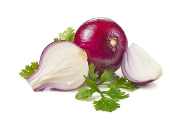 Wall Mural - Whole red onion and slices with parsley on white background