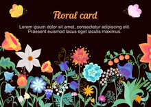 Template For A Horizontal Floral Card With Cute Cartoon Garden Flowers And Fluttering Butterflies On A Black Background. Abstract Text "lorem Ipsum".