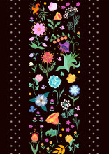 Seamless Vertical Floral Border With Fluttering Butterflies And Gray Polka Dots On A Deep Black Background. Beautiful Print For Fabric In Vector.