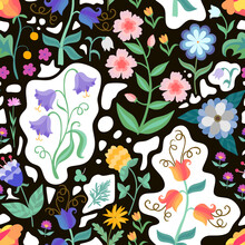 Seamless Floral Pattern With Bright Flowers On A Black Background With White Islands Of Irregular Shape. Beautiful Romantic Print For Summer Fabric.