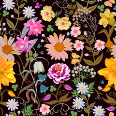 Wall Mural - Seamless layered fabric pattern with bright garden flowers and fluttering butterflies on a black background. Romantic summer vector print.