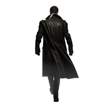 Man Walking Away Wearing A Black Trench Coat. Black Leather Coat. Handsome Mysterious Man Back View. Transparent Background. Isolated Clipping Path. 