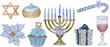 Happy Hannukah collection. Menorah, star of David, Hanukkah sweets, safganiyot, Hanukkah decoration. Watercolor Jewish holidays clipart.