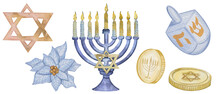 Hanukkah Watercolor Set. Happy Hanukkah Aquarelle Collection Of Menorah Candles, Golden Gelts, Star Of David, And Dreidel. Design For A Jewish Holiday Greeting Cards, Banners, Posters
