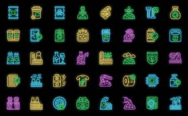 Poster - Chemical recycling icons set outline vector. Garbage bin. Waste disposal neon color on black