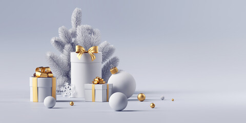 3d render, white and gold christmas background. festive ornaments, glass balls, wrapped gift boxes a