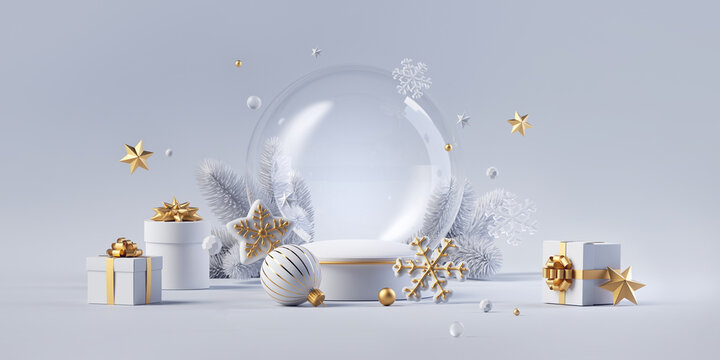 Wall Mural -  - 3d render. Winter holiday wallpaper. Festive white and gold Christmas ornaments and baubles. Empty glass snow ball isolated on white background