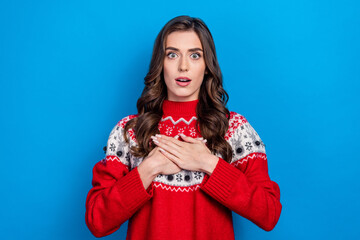 Sticker - Photo of astonished adorable lady ugly pullover two arm breast stupor confused puzzled unexpected news isolated on blue color background