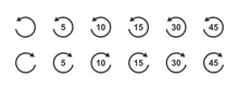 Rewind And Fast Forward Icons With Circle Arrows And 5, 10, 15, 30 Second Numbers. Round Repeat And Next Buttons Isolated On White Background. Player Playback Elements Set. Vector Graphic Illustration