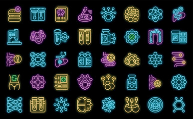 Wall Mural - Enzymes icons set outline vector. Digestive food. Structure body neon color on black