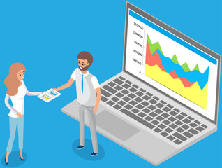 Poster - people study statistics shown on bar chart. analyze graphs and charts concept. managers working with