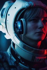 Wall Mural - A fictional person, not based on a real person. Portrait of an fictional astronaut in a spacesuit. High-tech astronaut from the future. The concept of space travel. . Generative AI