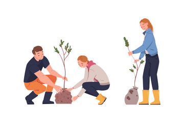 Sticker - Man and Woman Character Planting Tree Sapling in Soil Taking Care of Planet and Nature Vector Set