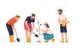 Man and Woman Character Planting Tree Sapling in Soil Taking Care of Planet and Nature Vector Set