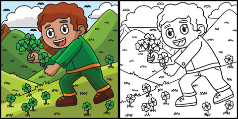 St. Patricks Child Picking Shamrock Illustration