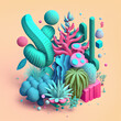 knolling illustration of cactus squishy puffy texture in cozy colors