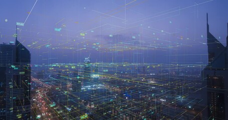 Poster - Smart City Aerial Drone Footage Hologram Information Arches Forming During Network Communication Futuristic Network and Technology 5G Drone Low Light 4k. Video loop, time lapse